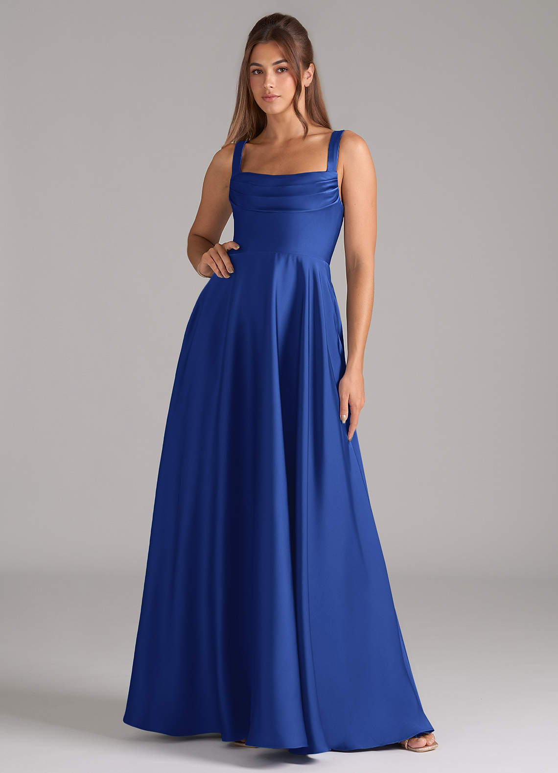 Azazie Shaude Vestidos de damas de honor Vestido de Azul Real de Satén Elástico de Corte en A con Plisado image1