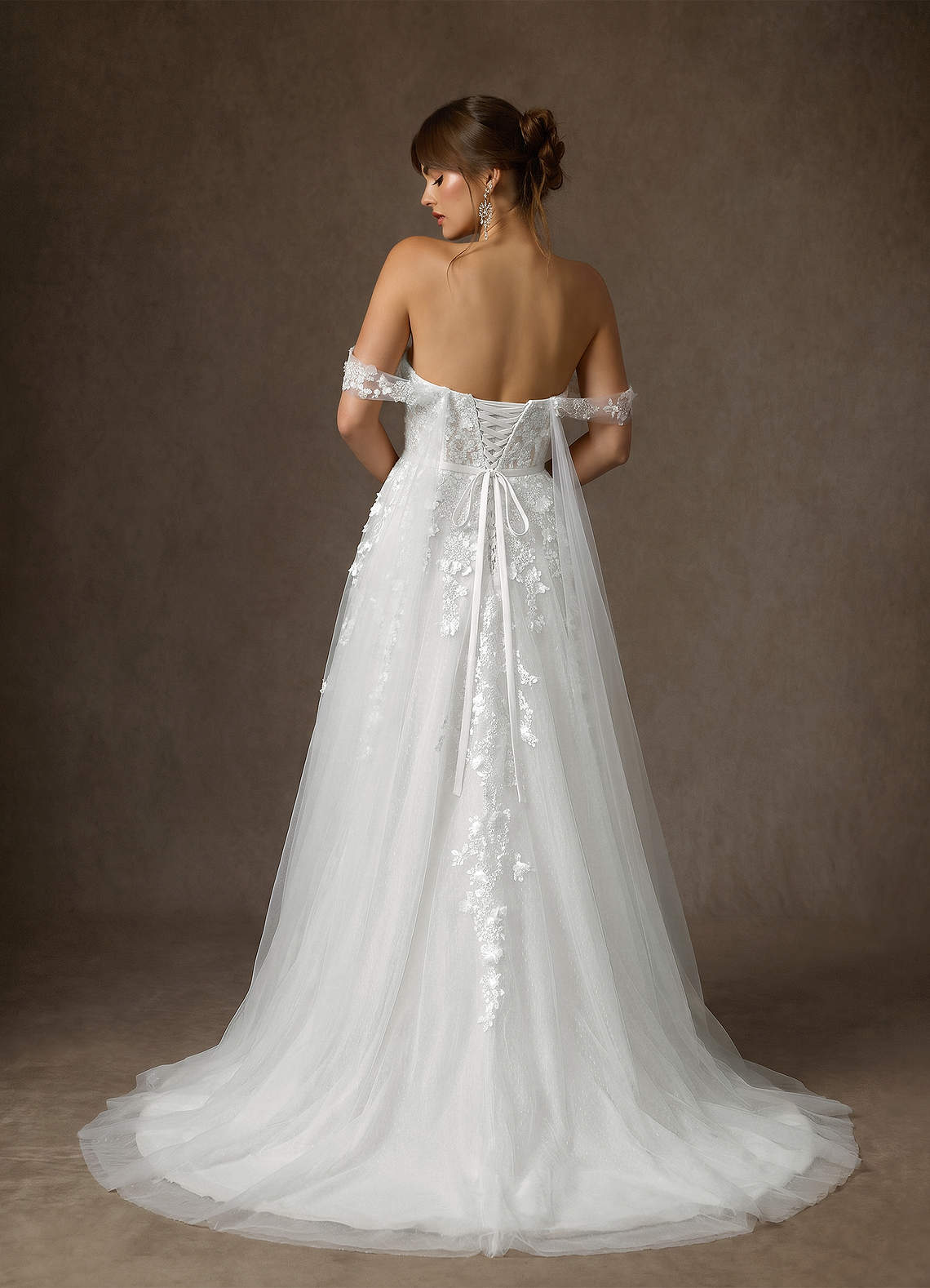 Azazie Wynery At-home Try On Dresses Diamond White Ball-Gown Off the Shoulder Lace Dress image4