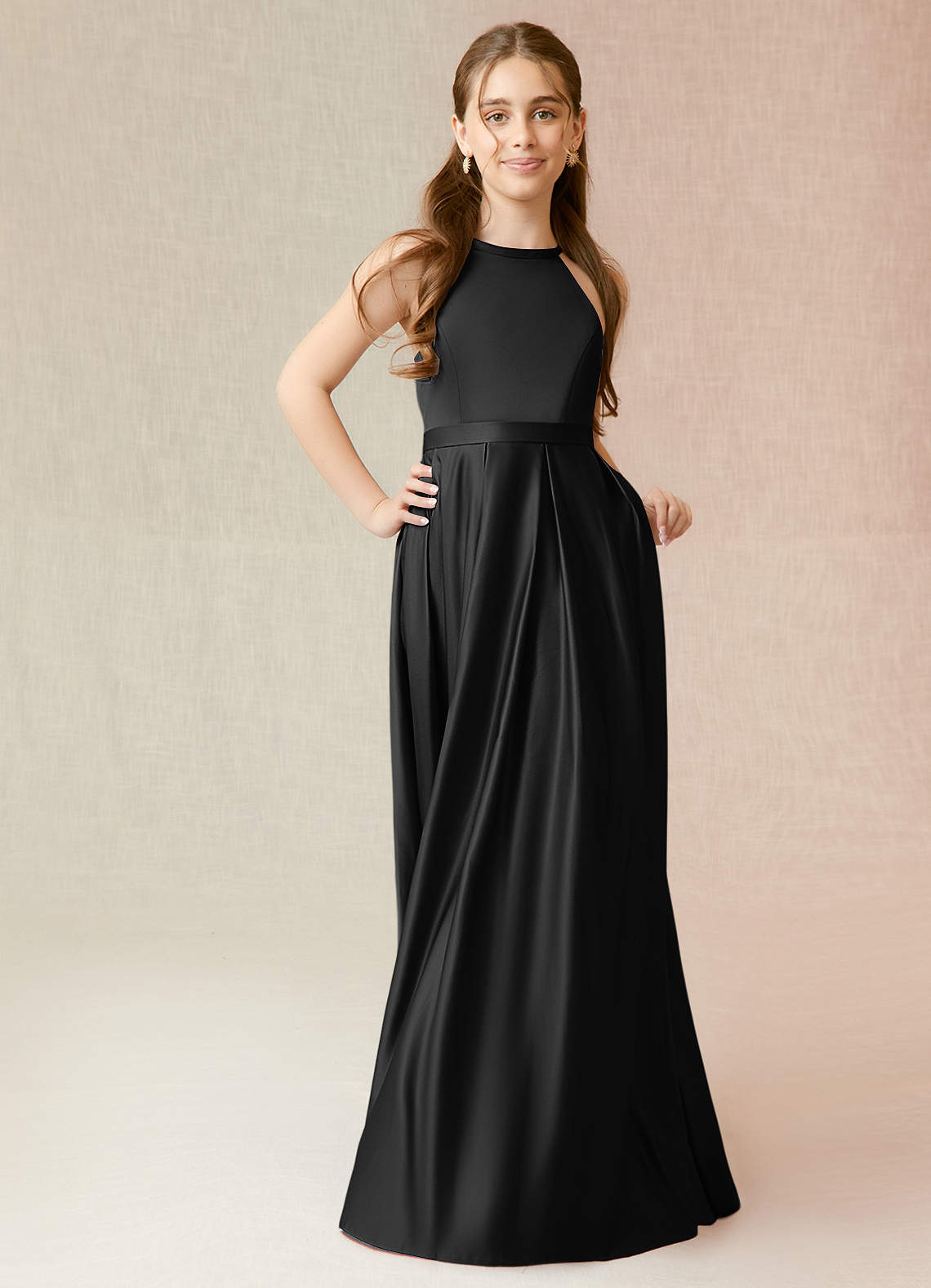 Azazie Arianthe Junior Black A-Line with Pockets Matte Satin Dress image3