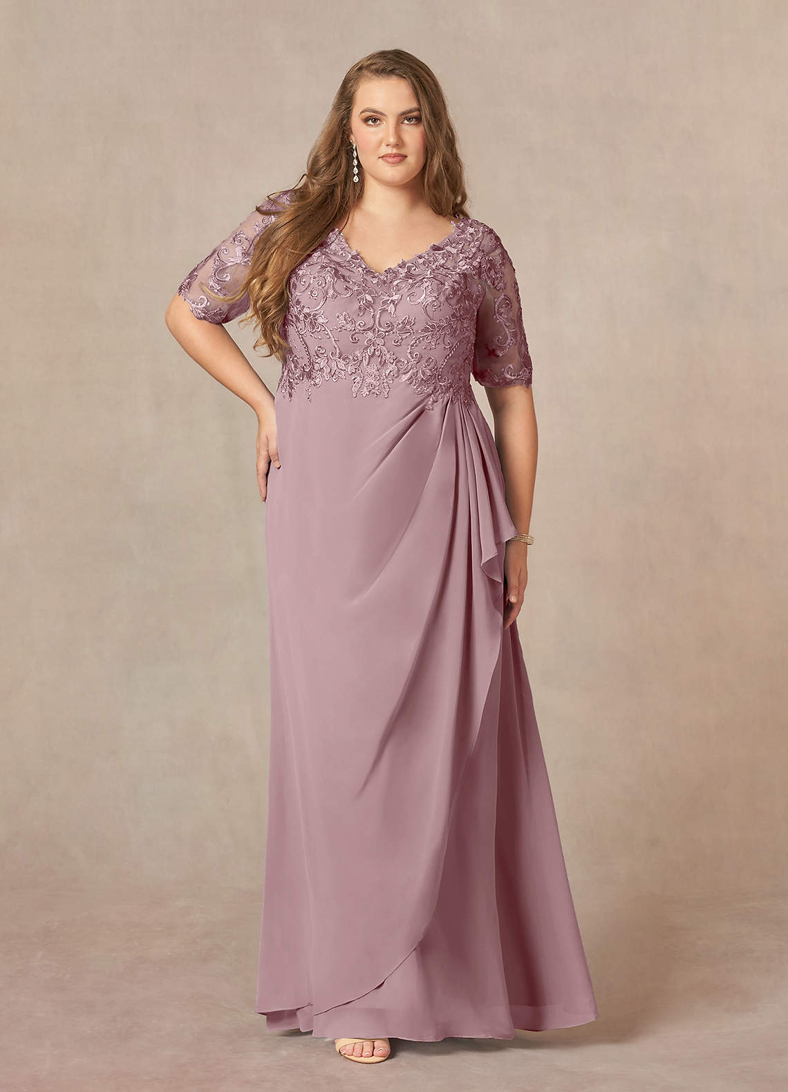 Azazie Amedeus Klänningar till brudens mor Klänning A-Line i Chiffong V-ringad spets Dammig Ros image1