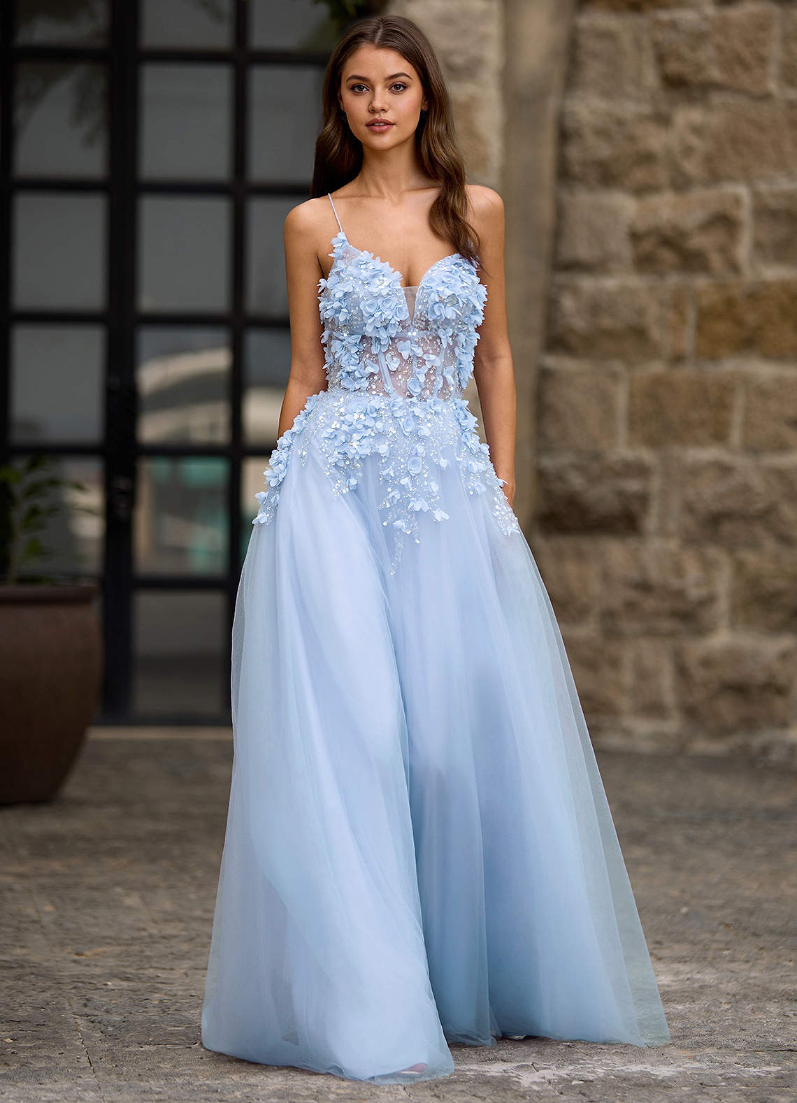 Green Tulle Floral Prom Dress Seraphic Blue A-line Prom Dress Azazie