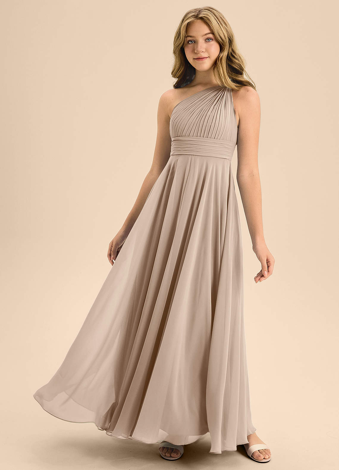 Azazie Charlize Junior Taupe A-Line Pleated Chiffon Dress image1