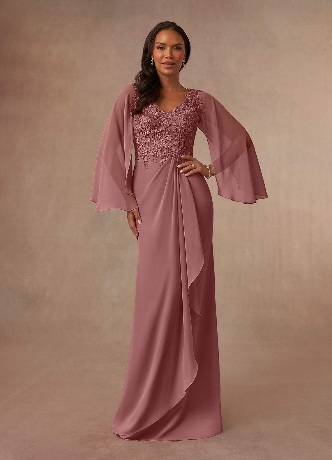 Azazie Perry Mother of the Bride Dresses Desert Rose Mermaid V-Neck Lace Chiffon Dress image1
