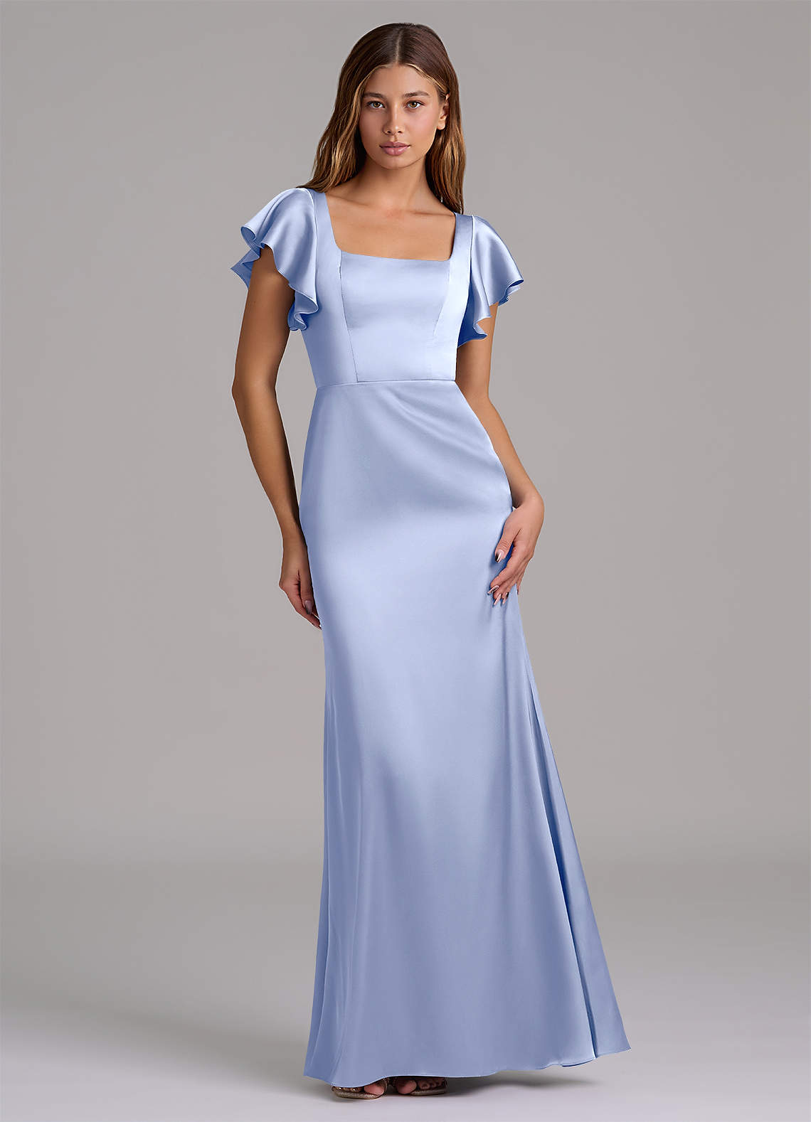 Azazie Elkie 신부 들러리 드레스 인어 스퀘어 네크라인 스트레치 새틴 바닥 길이 드레스 image1