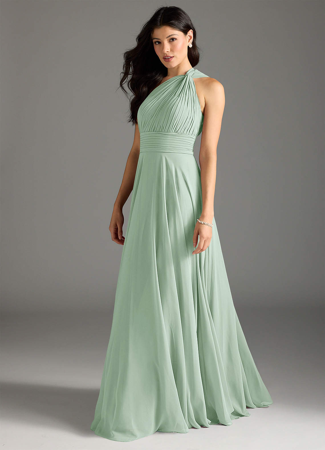 Azazie Charlize Bridesmaid Dresses Agave A-Line One Shoulder Chiffon Dress image3