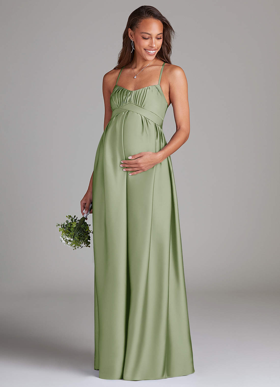 Azazie Llana Vestidos de dama de honra para maternidade Vestir Linha A com bolsos Comprimento do chão Cetim elástico image1