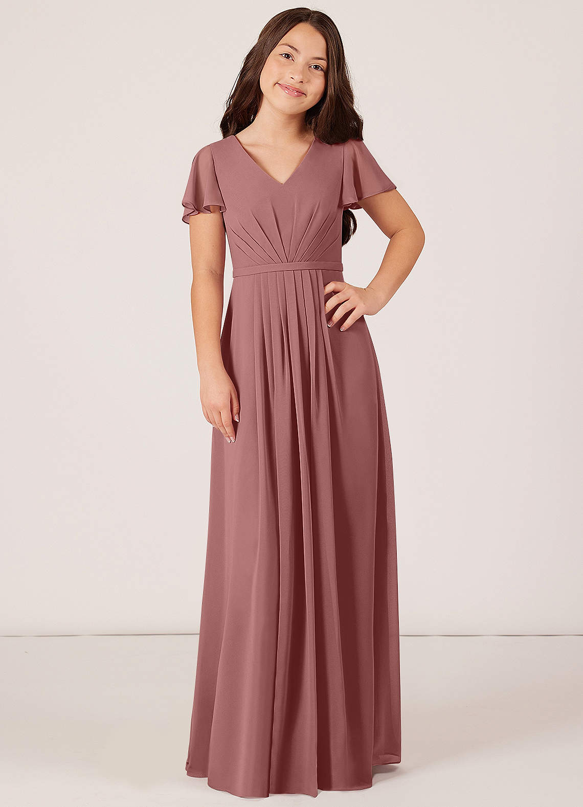 Azazie Peony Junior Abito A-Line in Chiffon Plissettato Rosa Del Deserto image1
