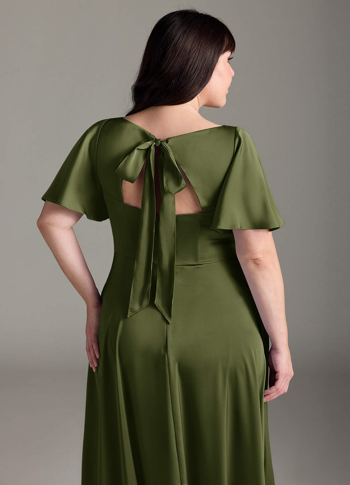 Azazie Kimber Bridesmaid Dresses Olive A-Line Ruched Stretch Satin Dress image11
