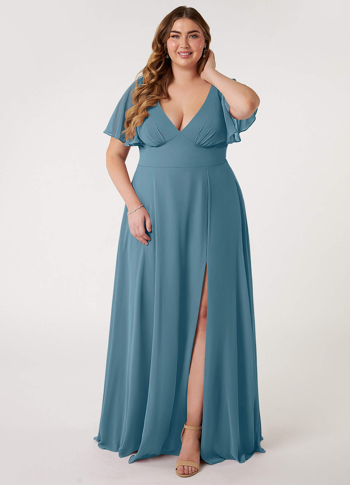 Azazie Kimber Robes de demoiselle d'honneur Robe Trapèze en Mousseline de soie Manches à volants Bermude image1