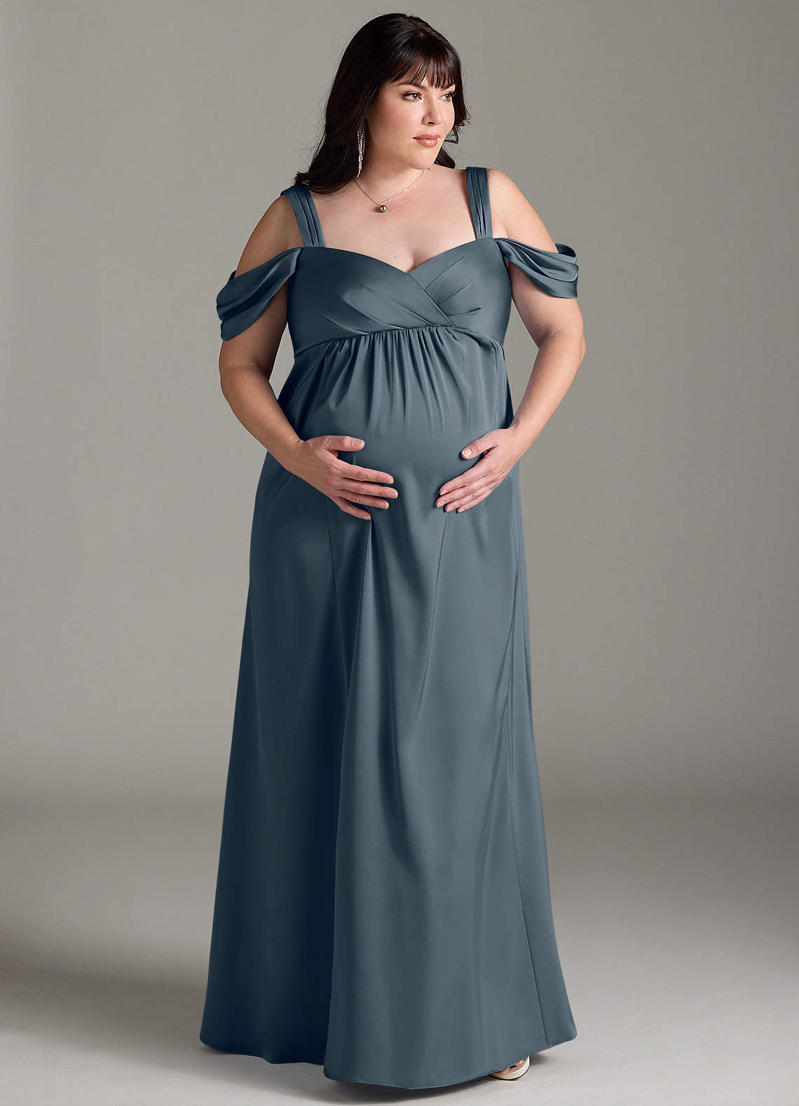 Azazie Rhea Maternity Bridesmaid Dresses A-Line Off-The-Shouler Pleated Stretch Satin Floor-Length Dress image1