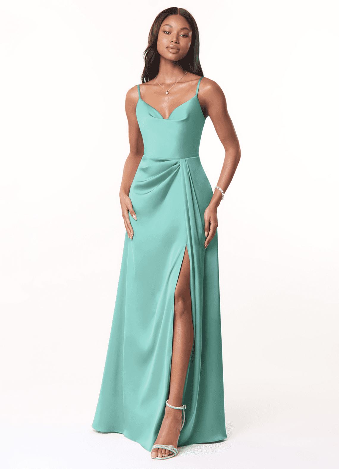 Azazie Brielle Bridesmaid Dresses Aqua A-Line Cowl Spaghetti Straps Stretch Satin Dress image1