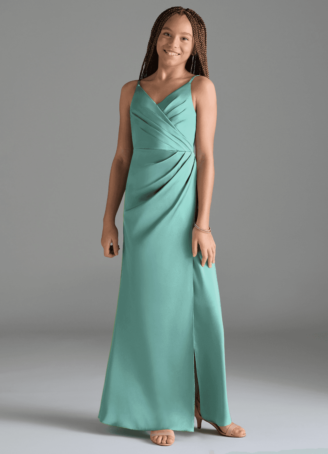 Azazie Maci Junior Aqua Mermaid Pleated Stretch Satin Dress image1