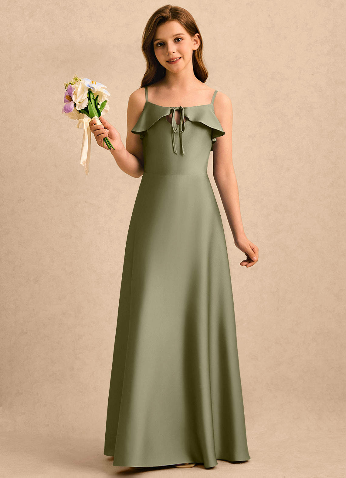 pistachio formal dress Azazie Kapri Girls A-Line Ruched Stretch Satin bridesmaid pistachio color dress