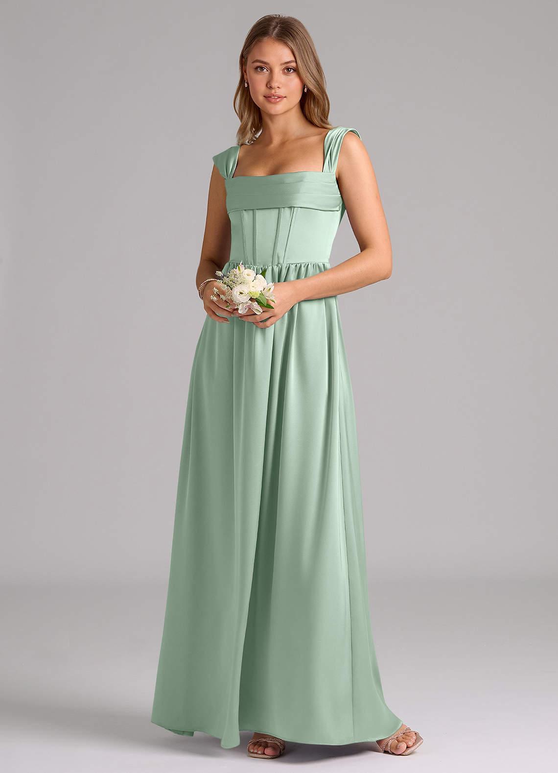 Azazie Hattie Bridesmaid Dresses Agave A-Line Corset Stretch Satin Dress image1
