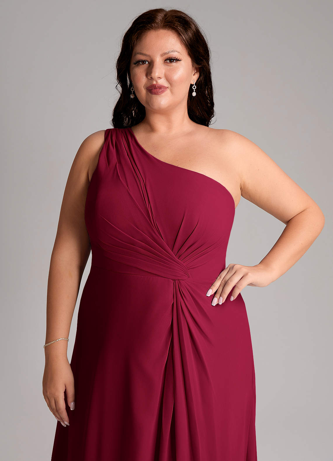 Azazie Brooke Bridesmaid Dresses Burgundy A-Line One Shoulder Chiffon Dress image12
