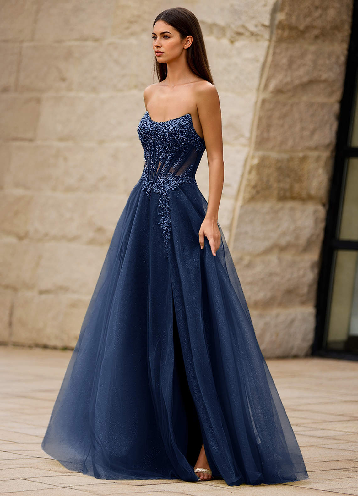 dark blue glitter prom dress Azazie 2026 Corset Lace Up A-Line Navy Gown navy blue sparkly dress