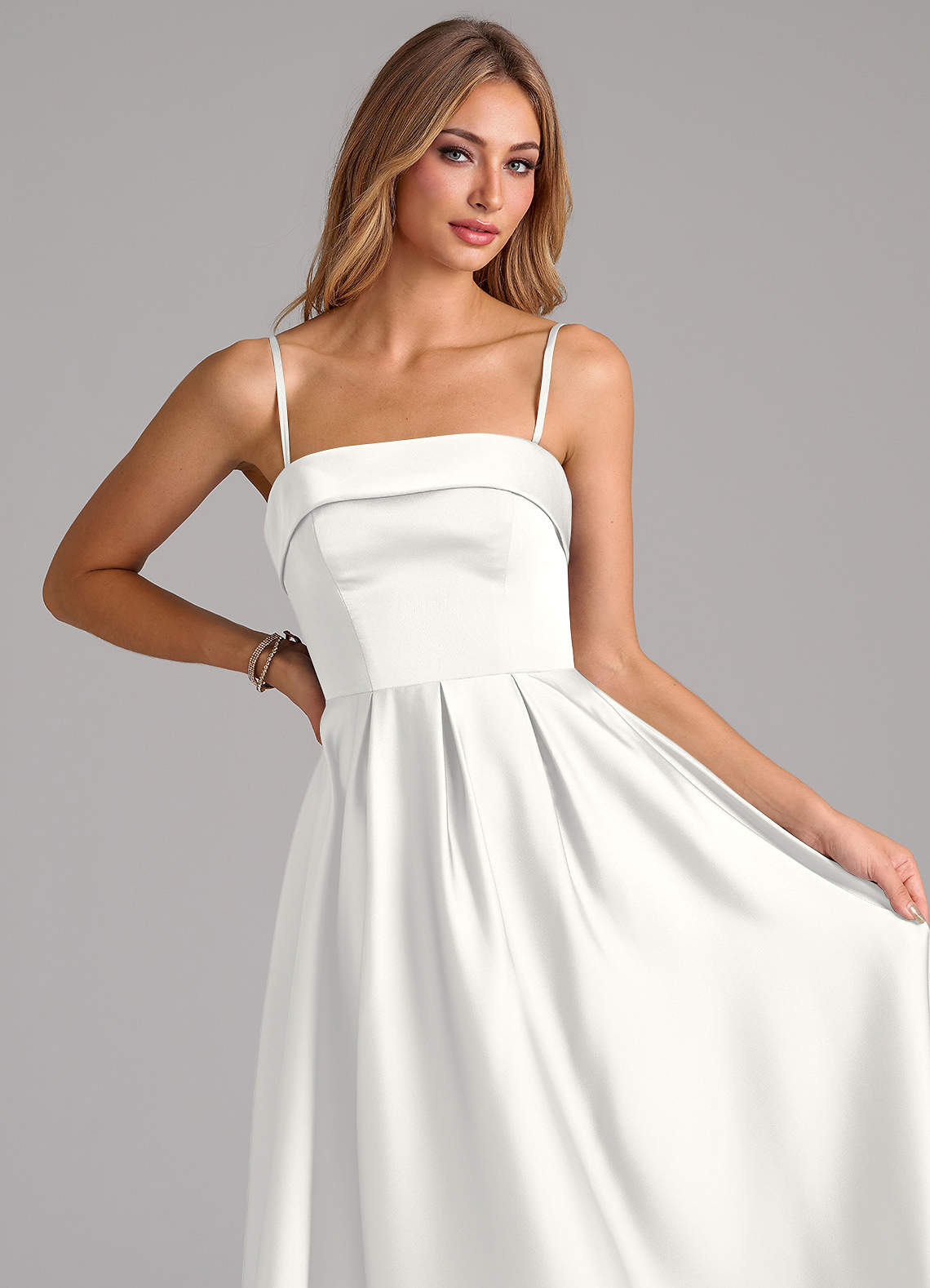 Azazie Lucienne Bridesmaid Dresses White A-Line Pleated Stretch Satin Dress image1