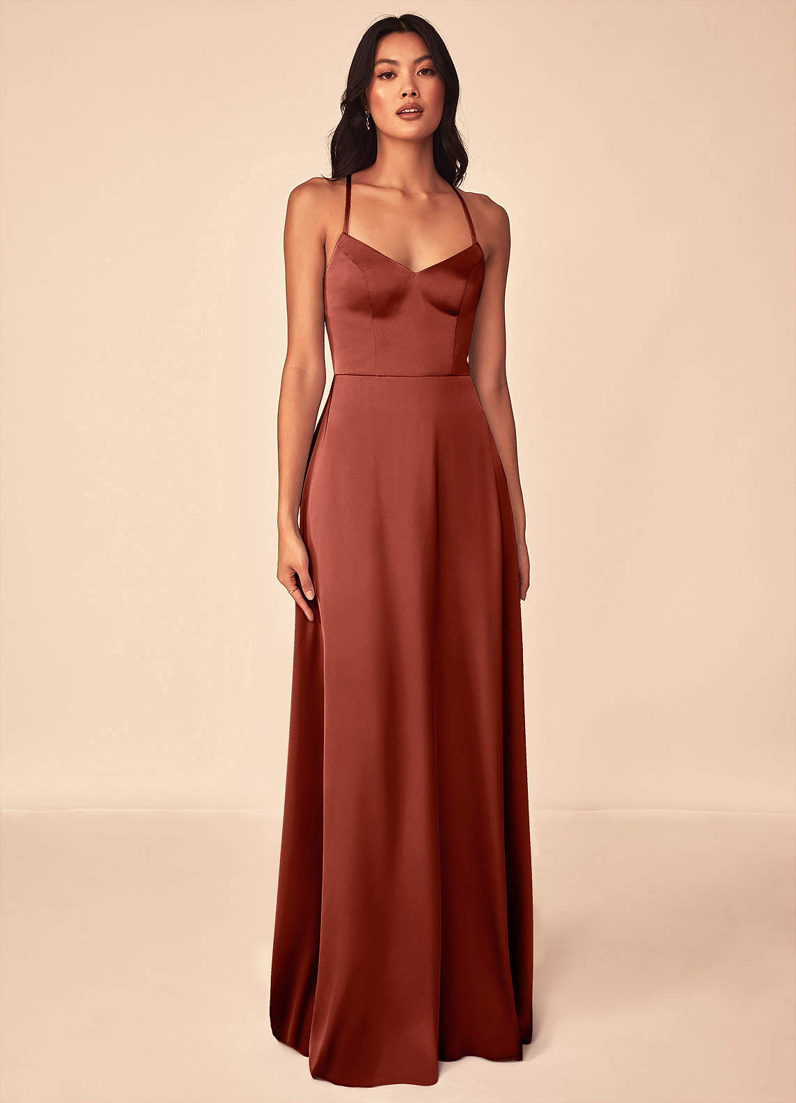 Azazie Mei Bridesmaid Dresses Terracotta A-Line V-Neck Stretch Satin Dress image1