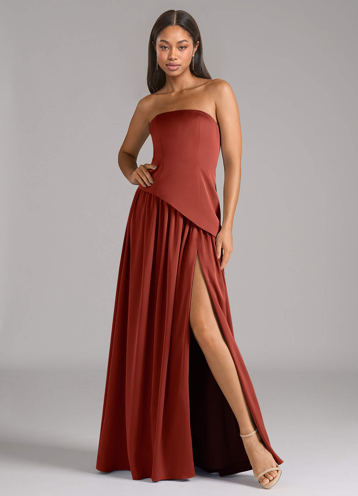 Azazie Adeline Bridesmaid Dresses Terracotta A-Line Strapless Stretch Satin Convertible Dress image1