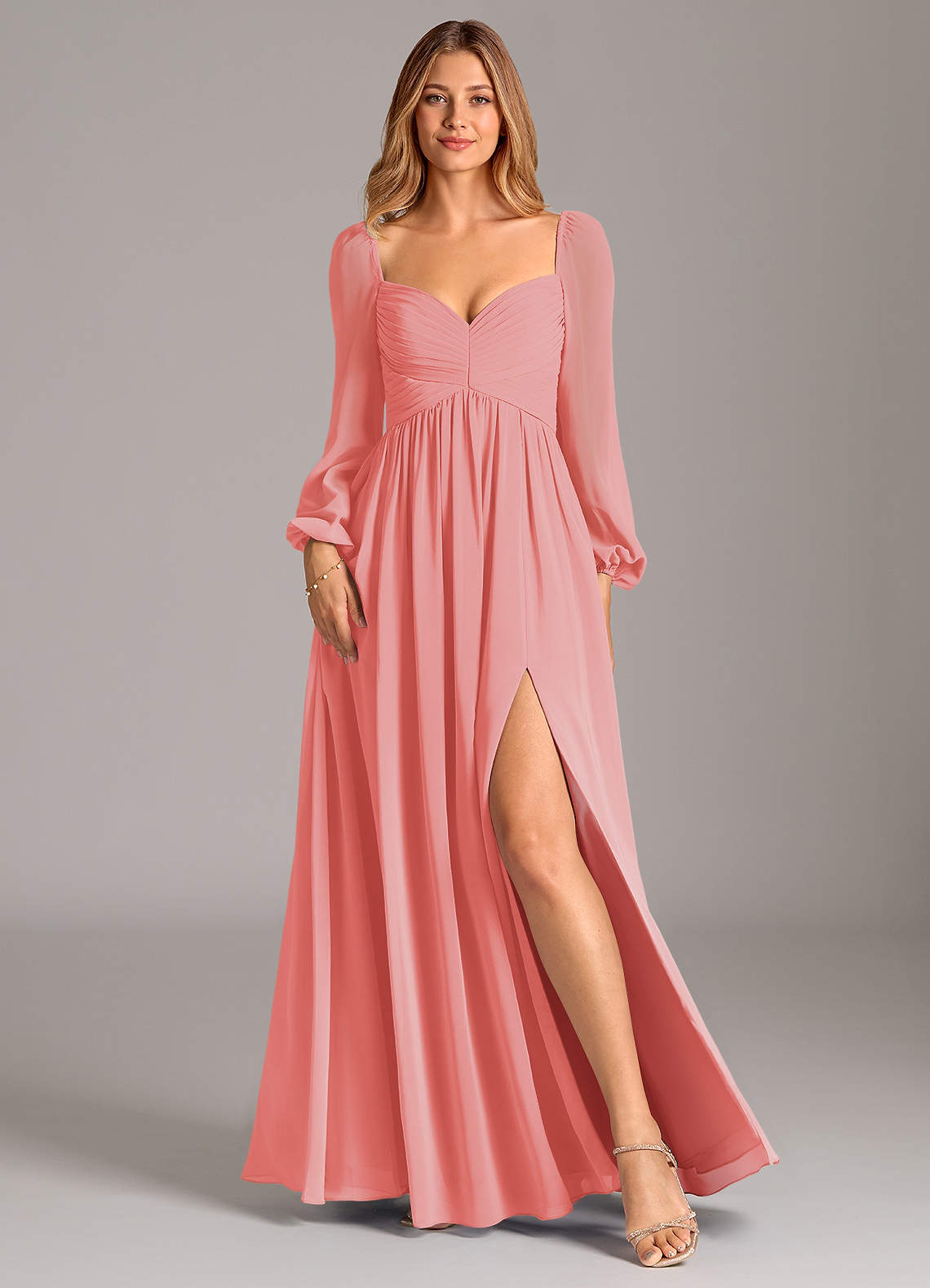Azazie Bailee Jurken voor bruidsmeisjes Jurk van Chiffon met A-Lijn Lange mouw Koraal image1
