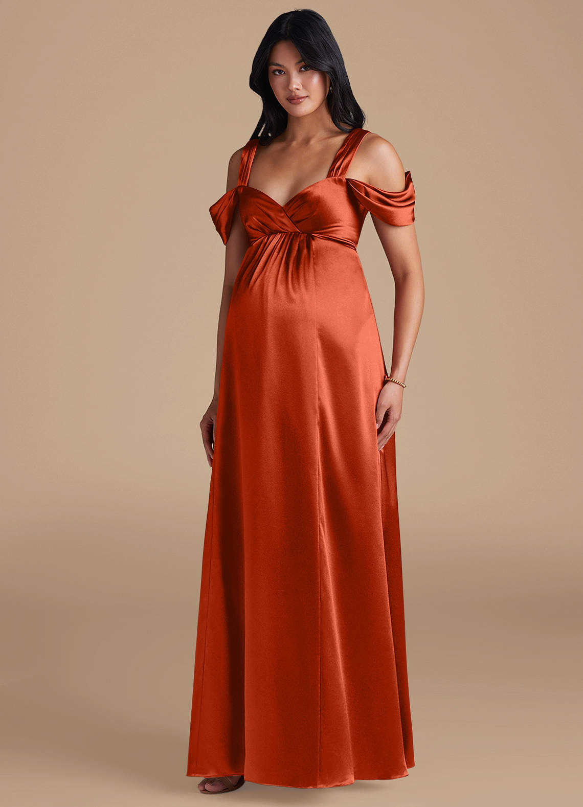 Azazie Rhea Brautjungfernkleider für Schwangere A-Linie Plissee Metallischer Satin Bodenlänge Kleid image1