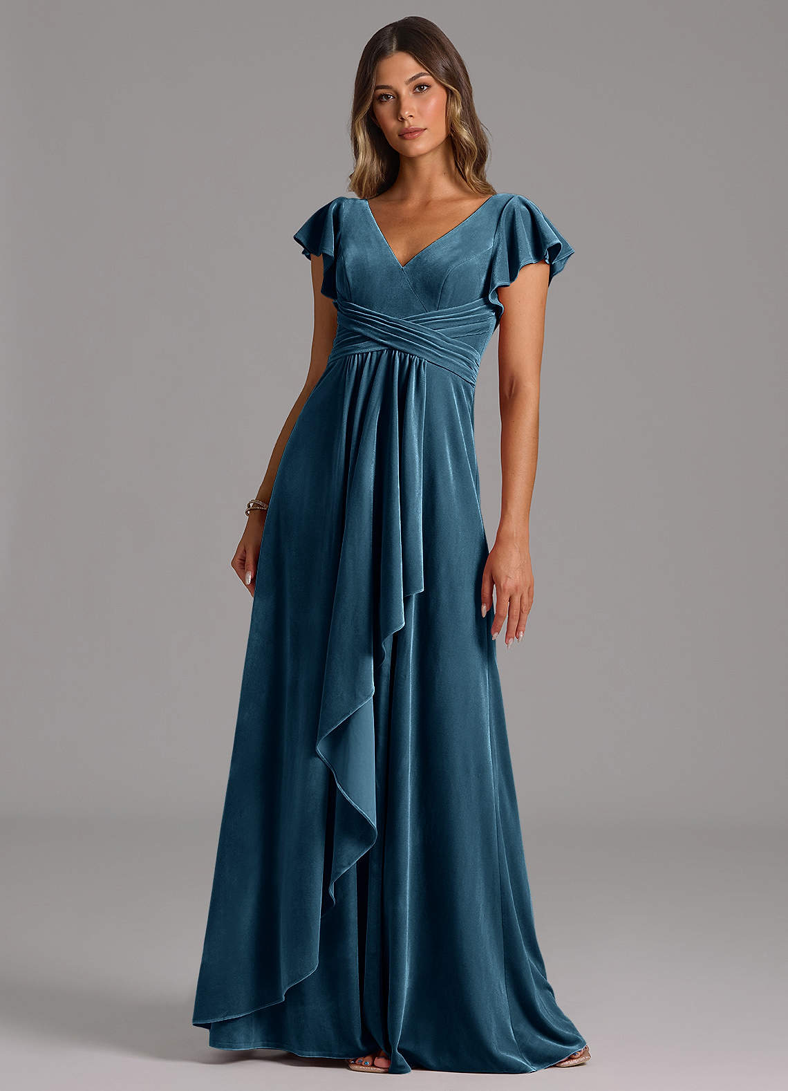 Azazie Omari Bridesmaid Dresses Blue Topaz A-Line Pleated Velvet Dress image1