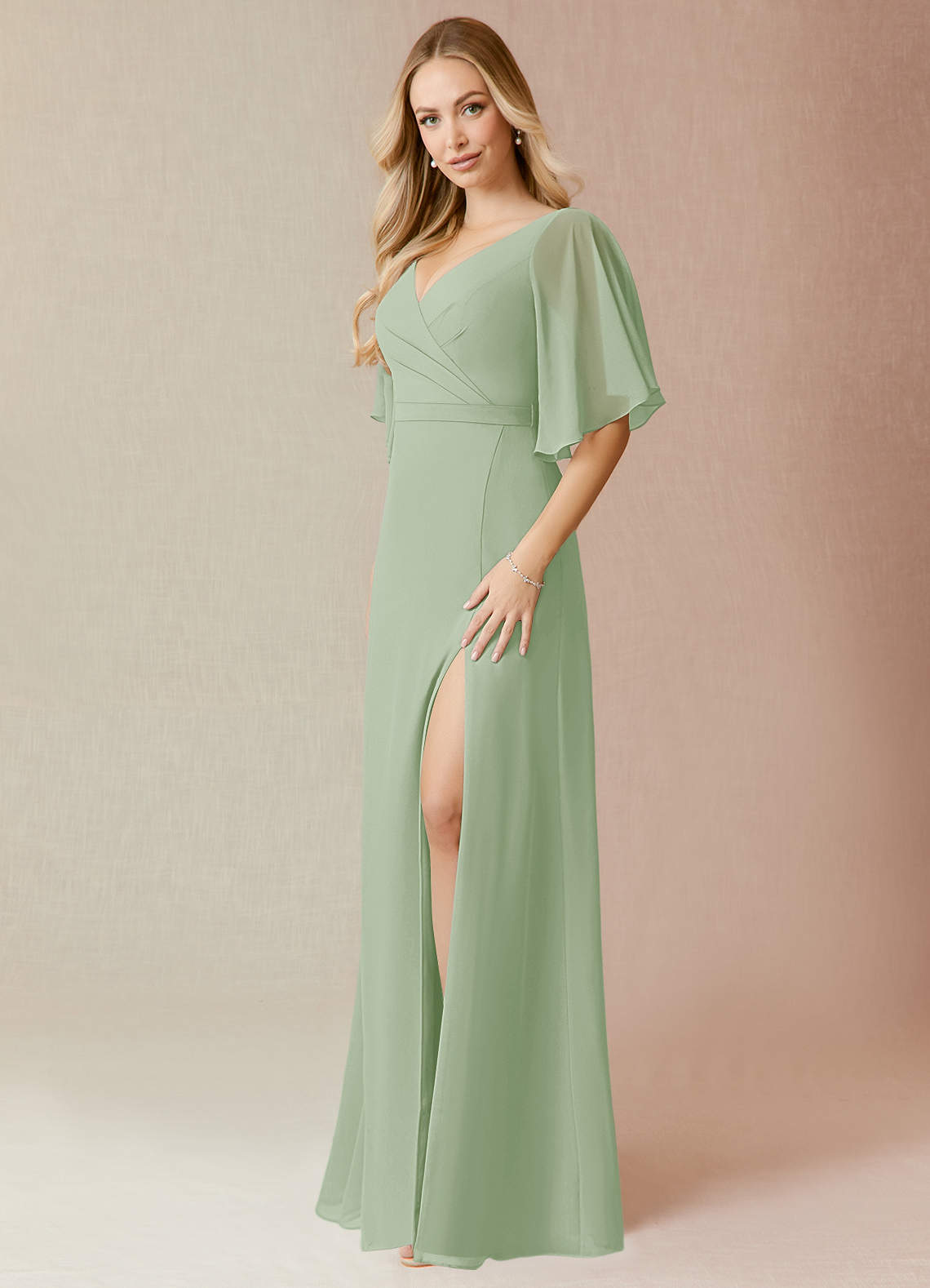 boho wedding dress plus Size with Lace and V-Neck - Long Sleeves Wedding Dress with Deep Front Cut and High Slit Color:MULTI FLORAL DIAMOND Beach Dresses for Women Chiffon Skirt with Lace mfgstyle_SALT1651