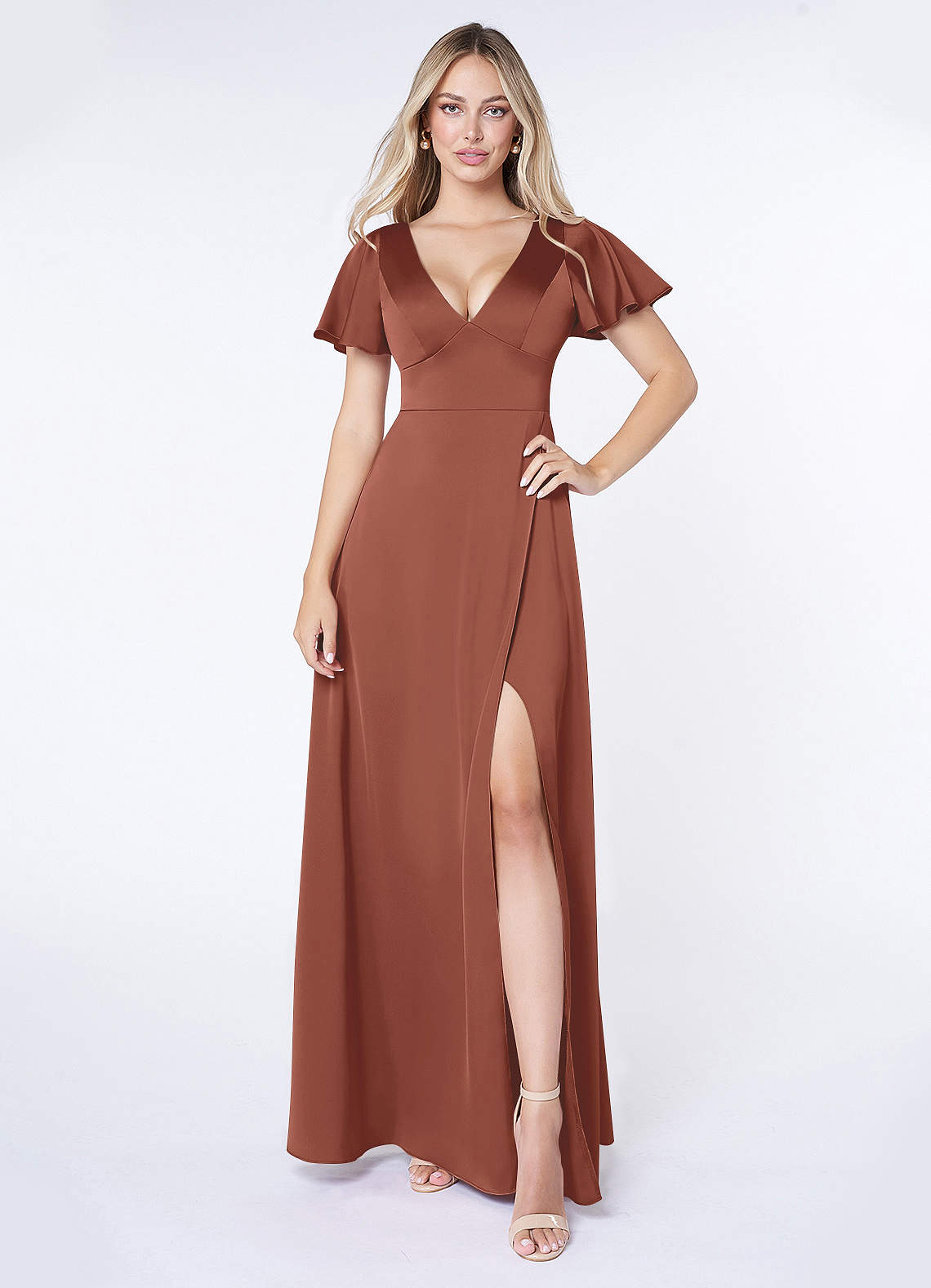 Azazie Lani Brautjungfernkleider A-Linie Volantärmel Stretch-Satin Kleid Rotbraun image1