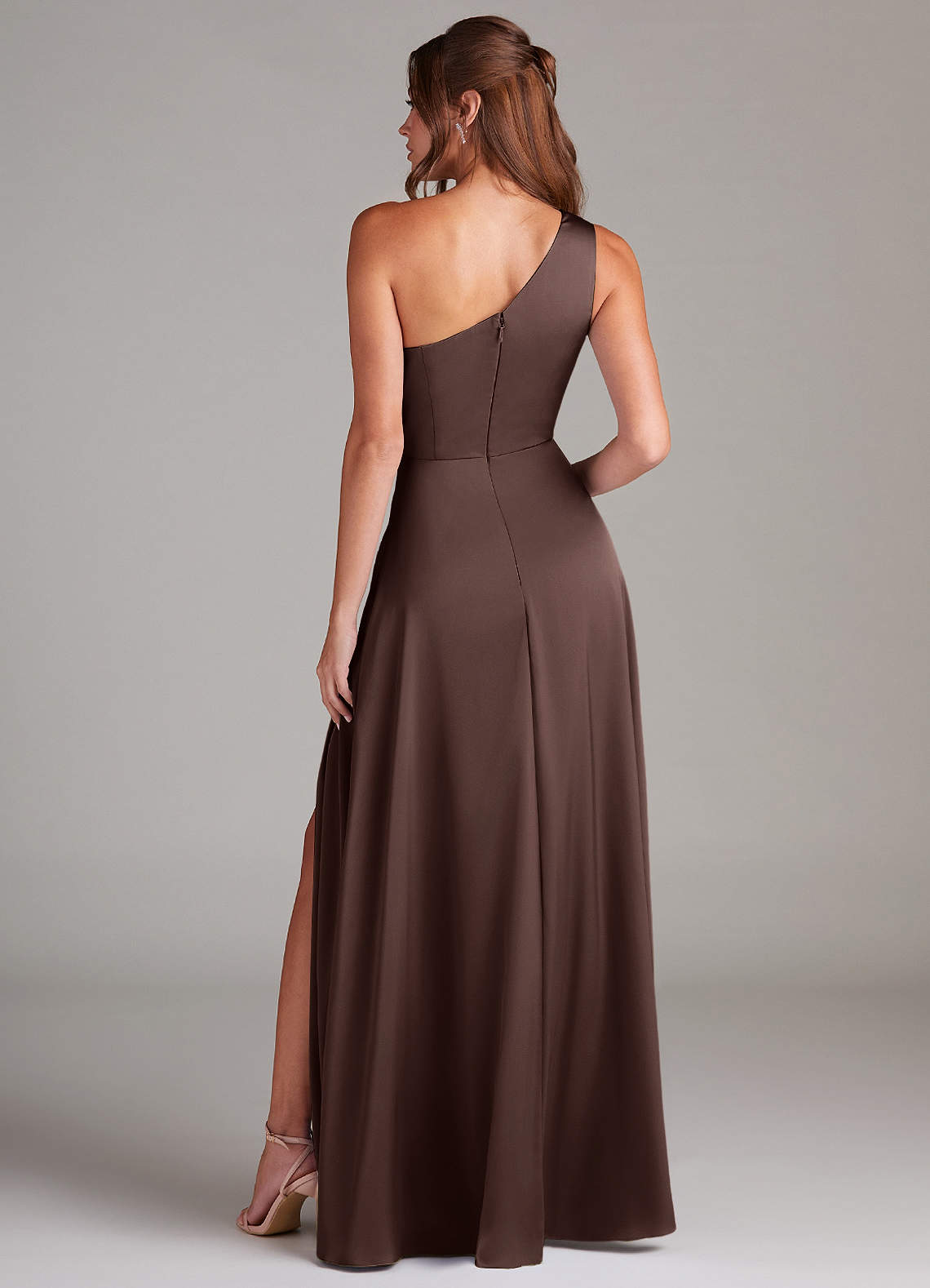 Azazie Brooke Bridesmaid Dresses Ganache A-Line One Shoulder Stretch Satin Dress image7