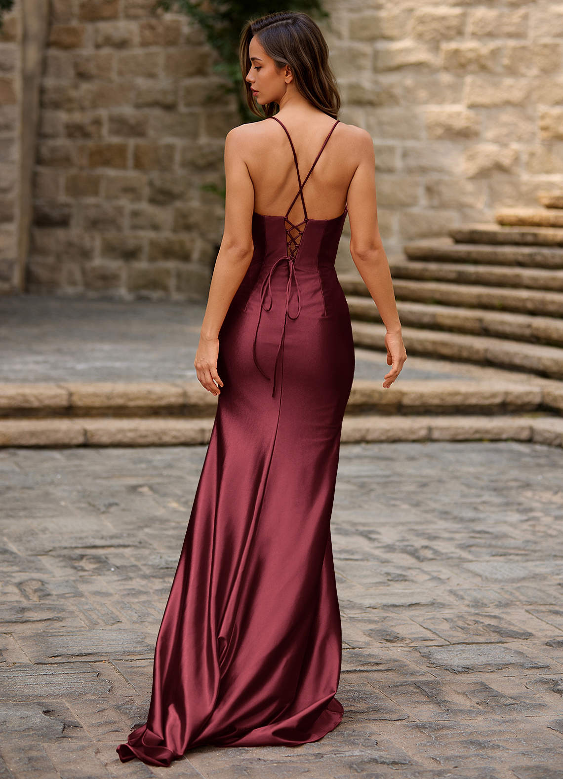 Lustre Wine Satin Prom Dress image1