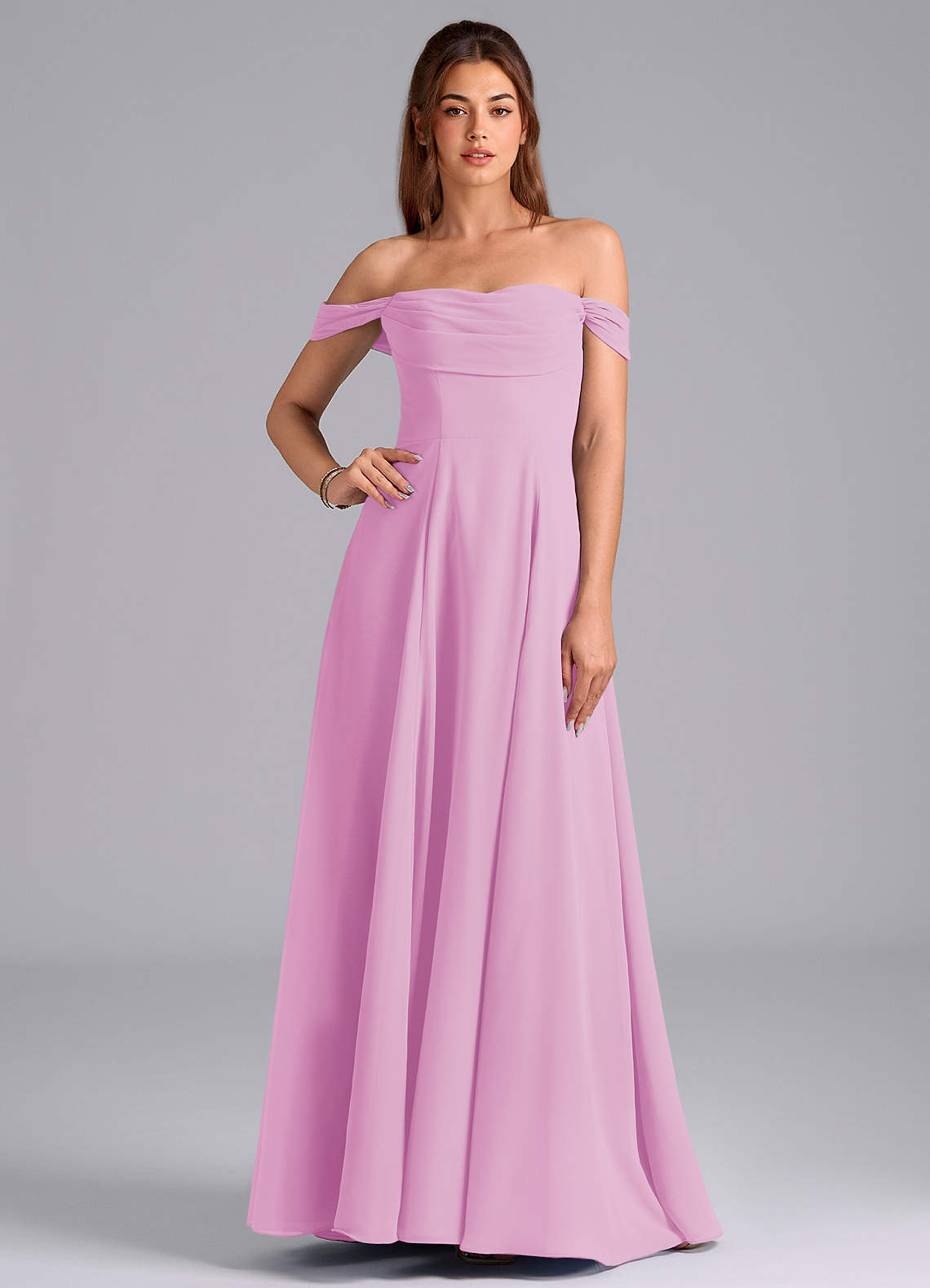 Azazie Almina Bridesmaid Dresses Candy Pink A-Line Off the Shoulder Chiffon Convertible Dress image1