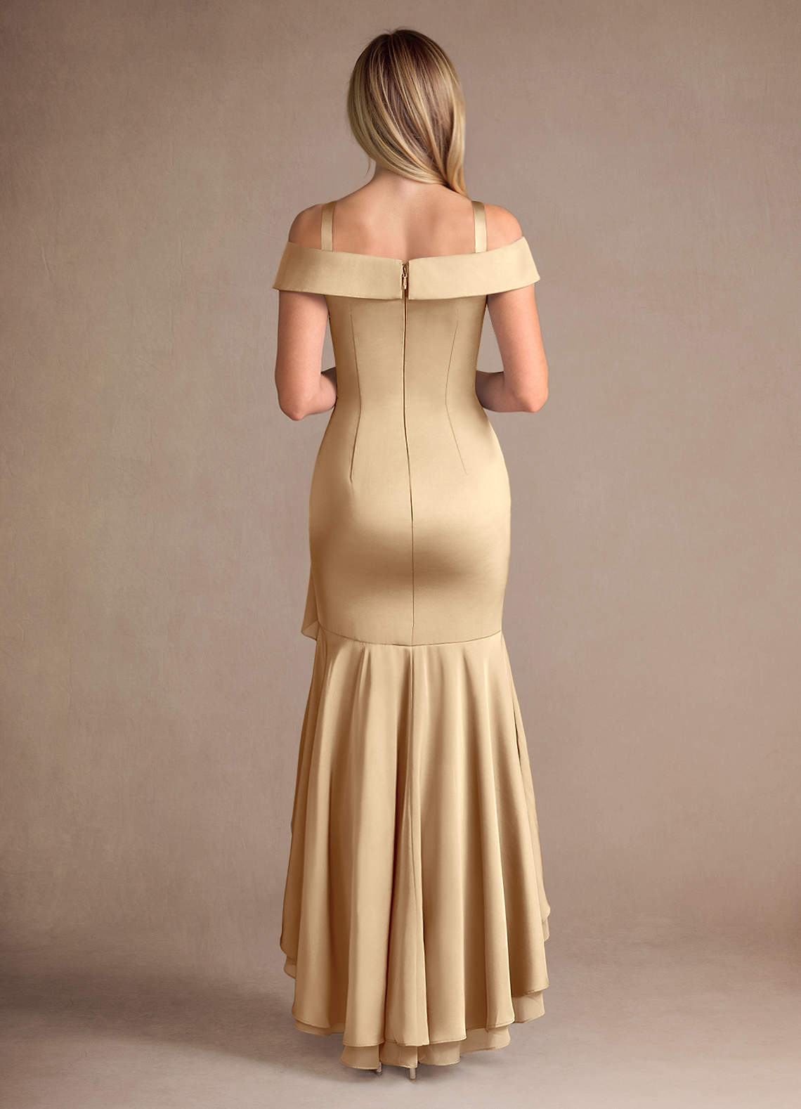Azazie Billings Mother of the Bride Dresses Champagne Mermaid Off the Shoulder Stretch Satin Dress image7