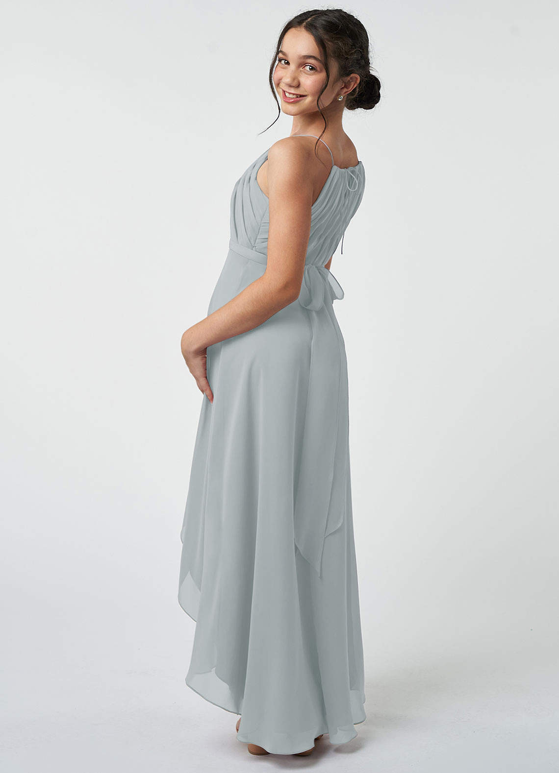 Azazie A Line Princess Halter Asymmetrical Chiffon Junior Bridesmaid Dresses Dolphin Grey