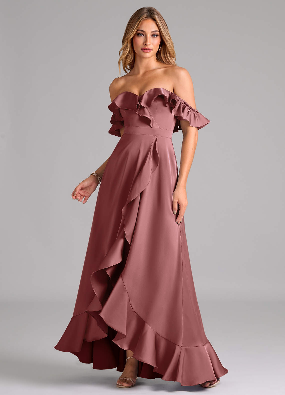 Azazie Lyra Bridesmaid Dresses Amethyst A-Line Off the Shoulder Stretch Satin Convertible Dress image1