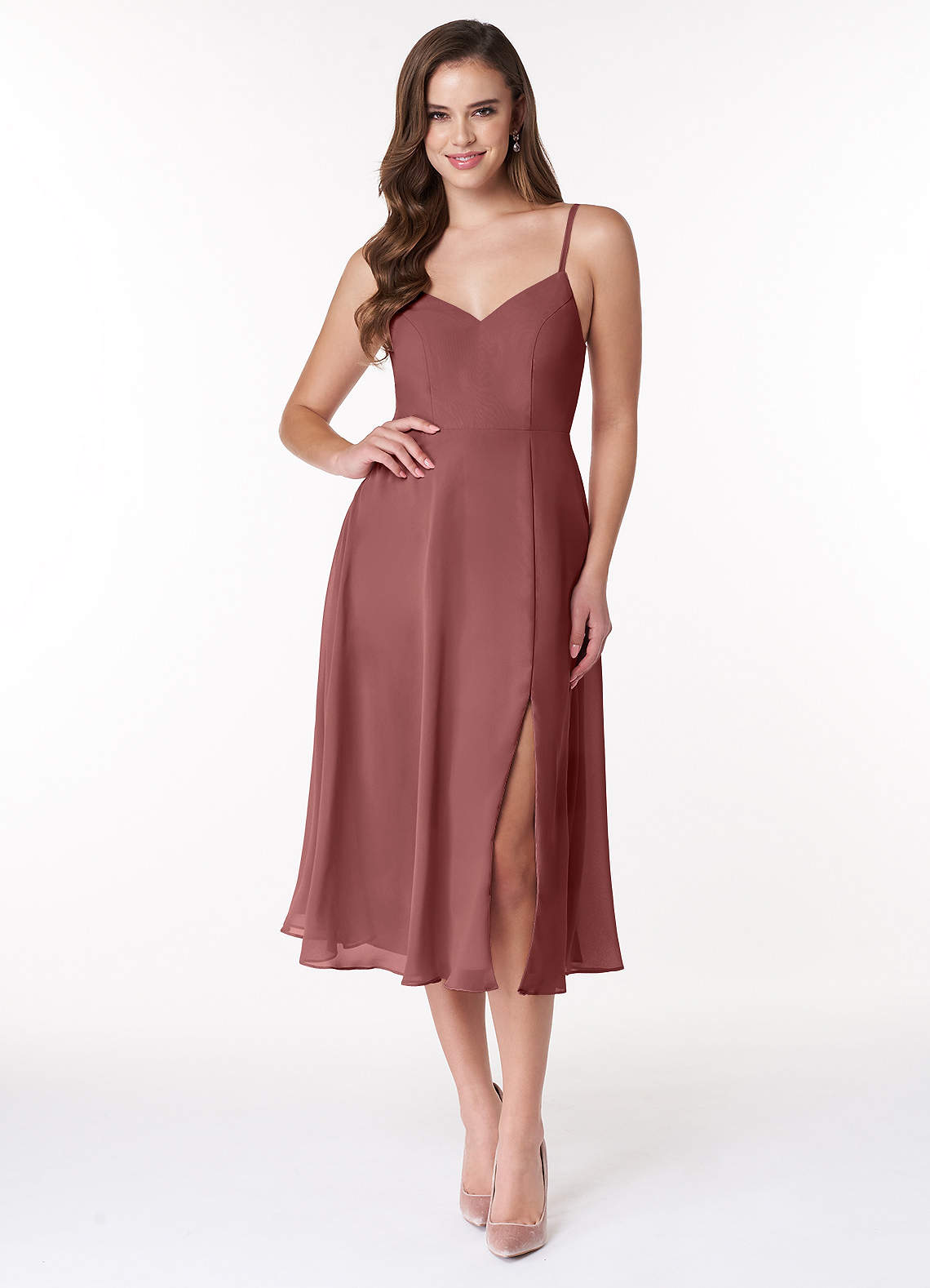 chiffon midi bridesmaid dresses Ruched Chiffon Sleeveless Bridesmaid Dress