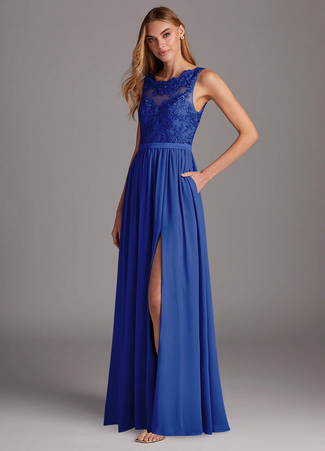 Azazie Elly Abiti da Damigella Abito A-Line in Chiffon Scollo a barchetta in pizzo Blu Reale image1