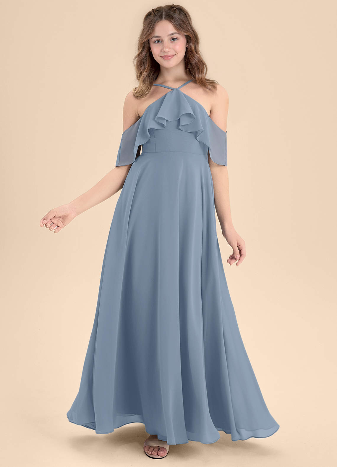 Azazie Tessabelle Junior Vestido de Azul Polvoriento de Gasa de Corte en A con Vestidos sin tirantes image5