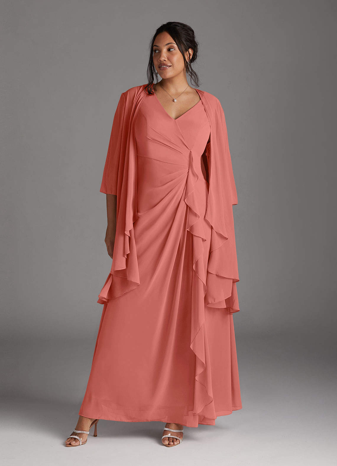 Azazie Manuella Abiti per la Madre della Sposa Abito A-Line in Chiffon con Scollo a V a Pieghe Salmone Rosa image1