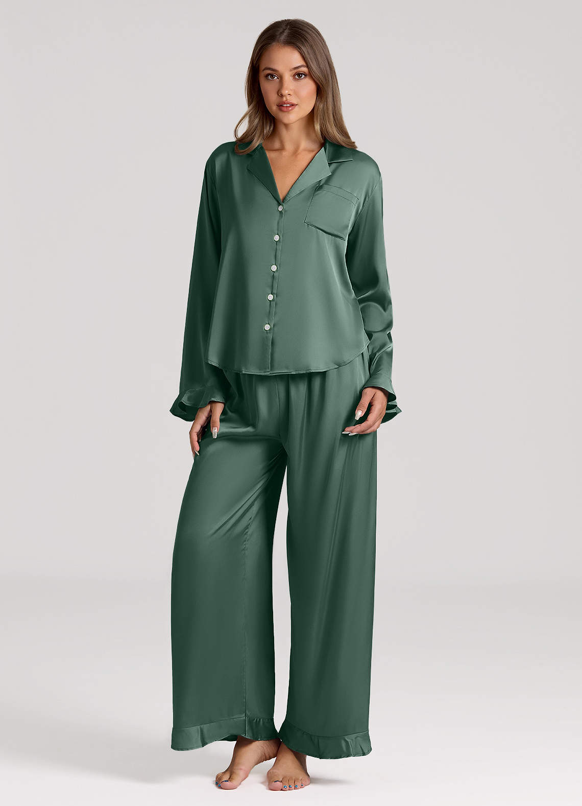 front Ruffled Satin Long Sleeve Pajama Set