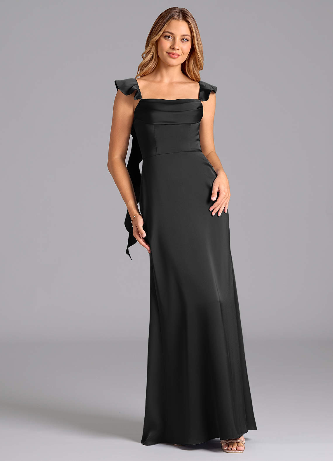 Azazie Adi Bridesmaid Dresses Black A-Line Pleated Stretch Satin Dress image1