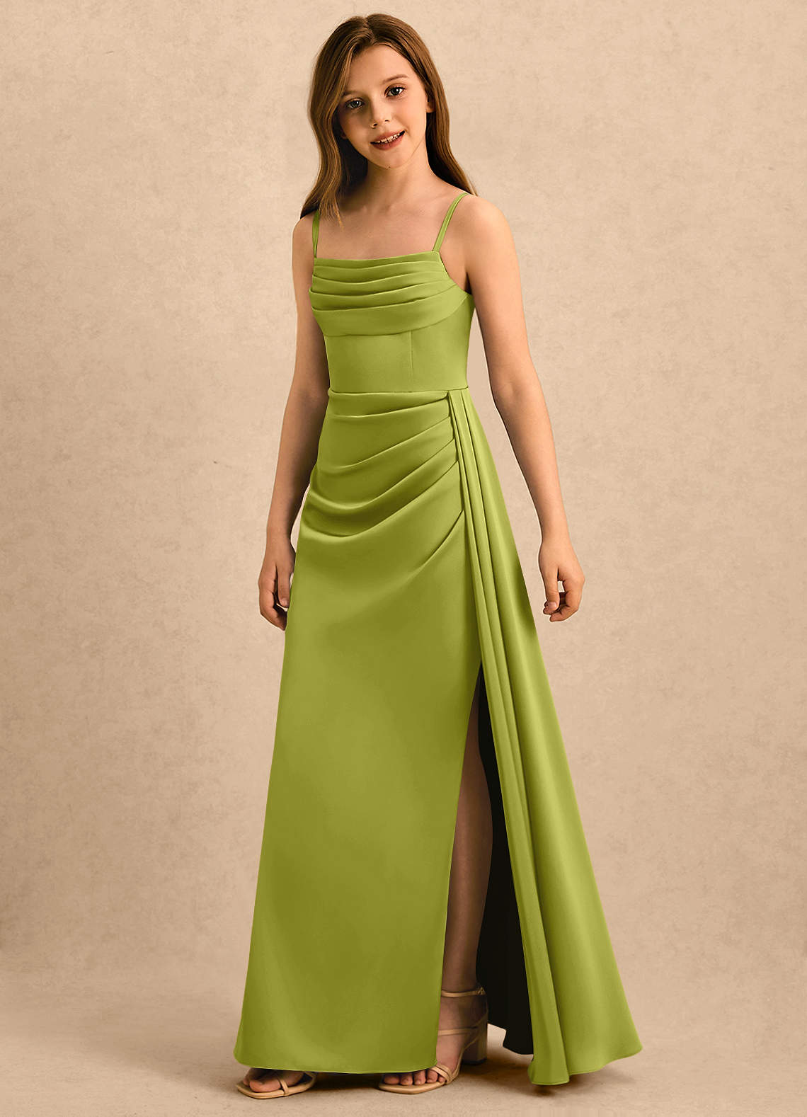 Azazie Sheath Straight Floor-Length Stretch Satin Flower Girl Dresses - Lemongrass