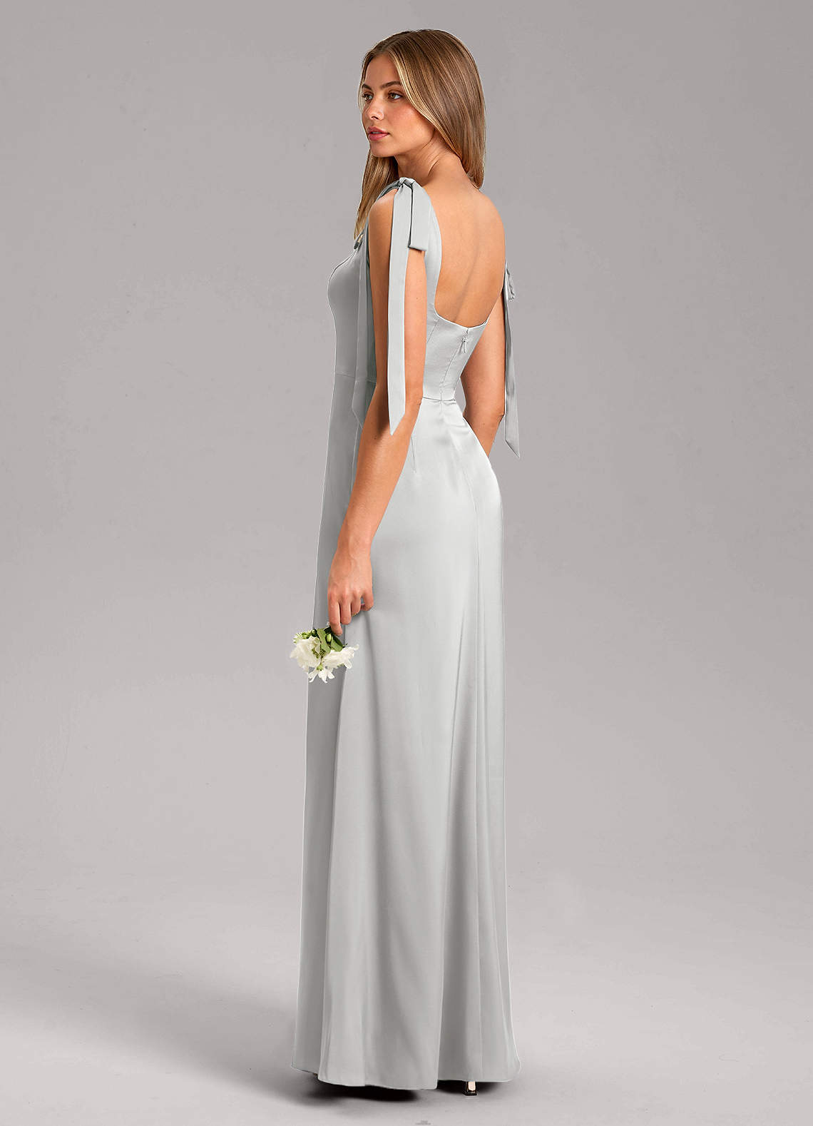 Azazie Frostine Bridesmaid Dresses Silver A-Line Bow Stretch Satin Dress image5