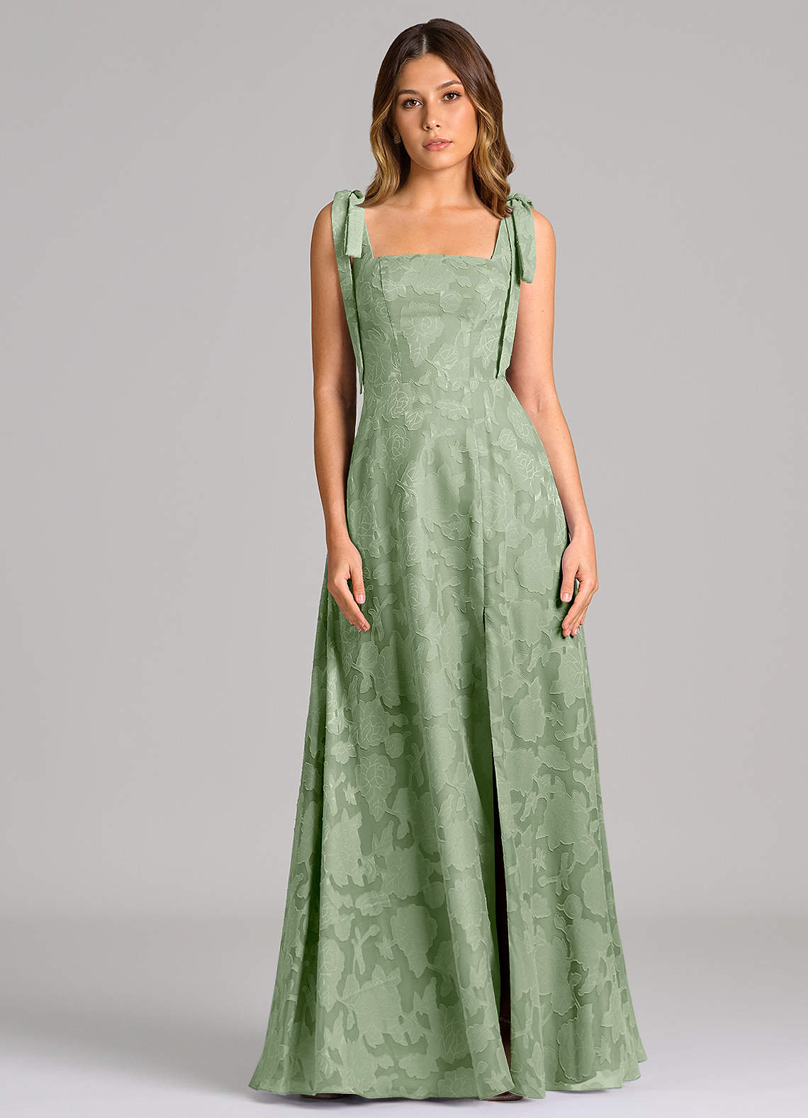 Azazie Debra Bridesmaid Dresses Dusty Sage A-Line with Pockets Floral Burnout Dress image3