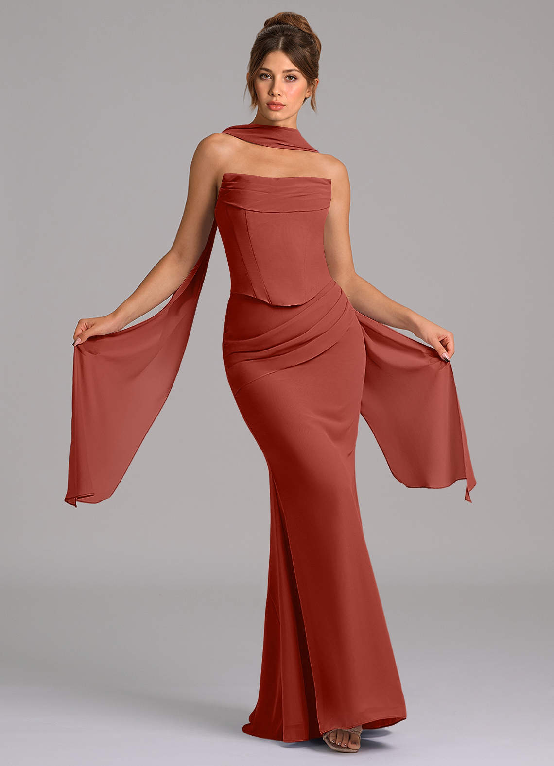 Azazie Sorrel Bridesmaid Dresses Terracotta Mermaid Corset Chiffon Dress image1