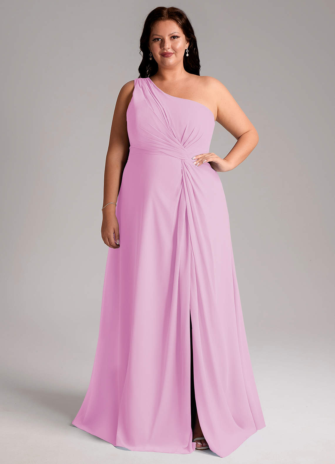 Azazie Brooke Vestidos de damas de honor Vestido de Rosa Caramelo de Gasa de Corte en A con Hombro unilateral image7