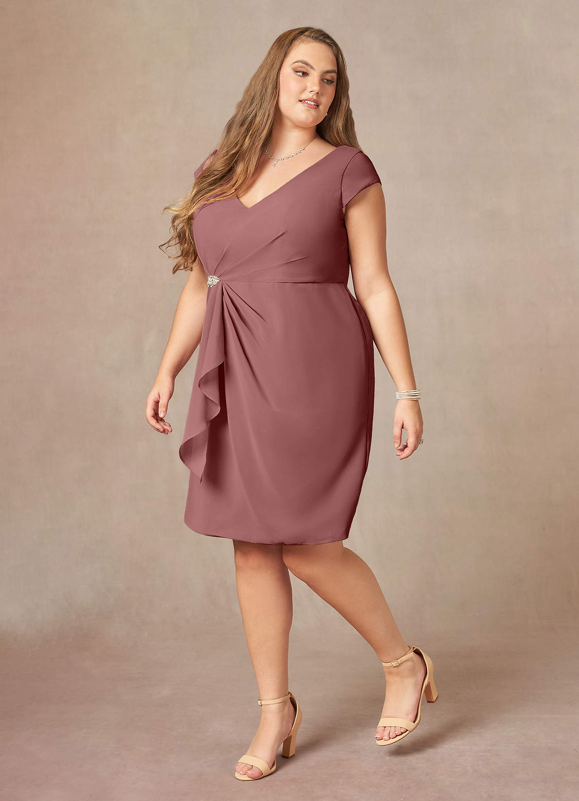 Azazie Nola Mother of the Bride Dresses Desert Rose Sheath V-Neck Pleated Chiffon Dress image7