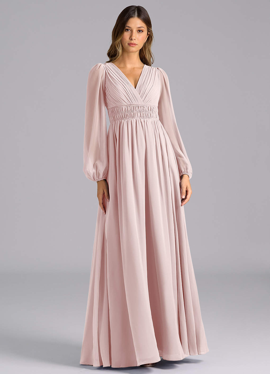 Azazie Palerma Bridesmaid Dresses Blushing Pink A-Line Long Sleeve Chiffon Dress image1