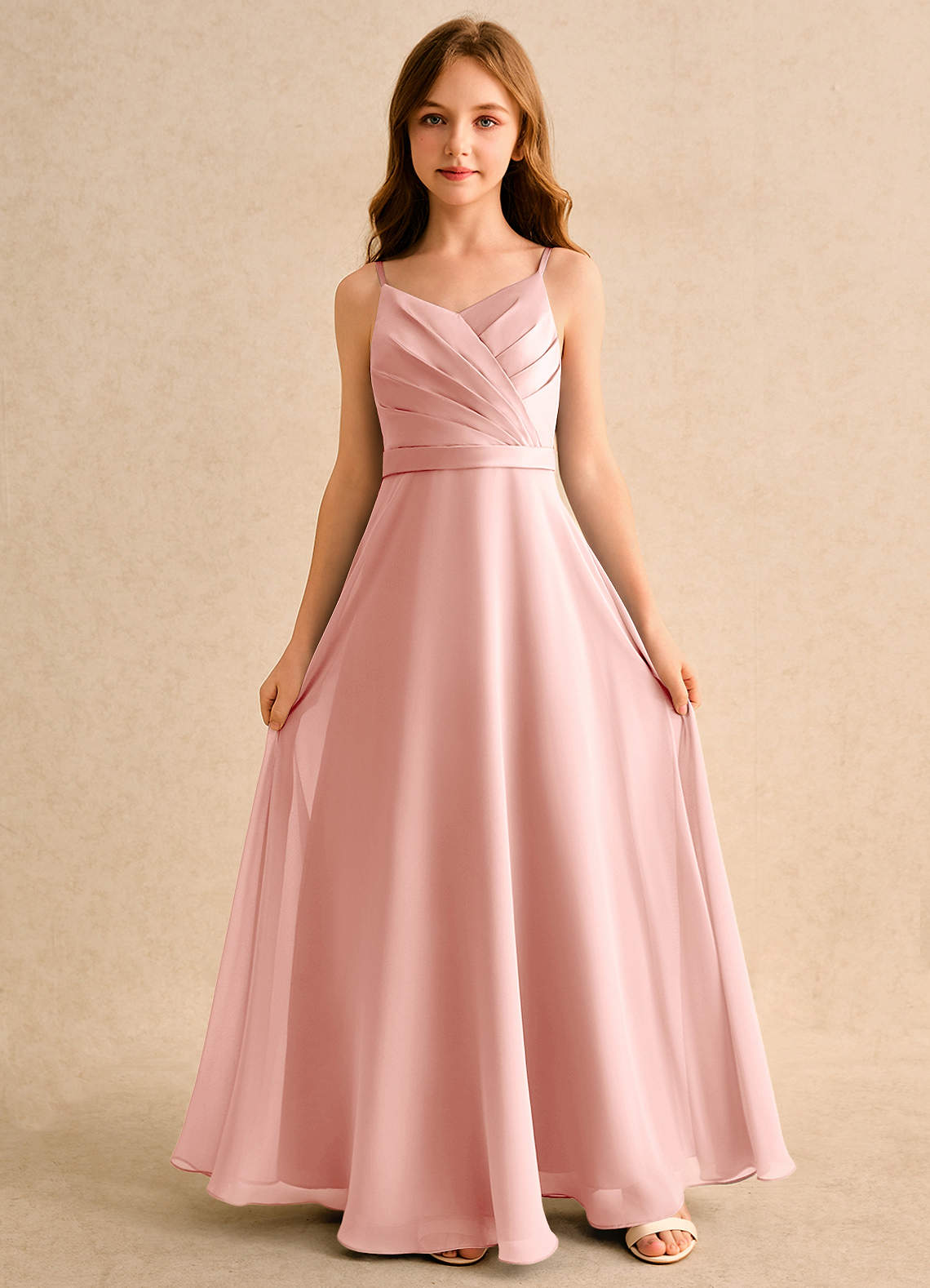 Azazie Umina Girls Formal Rosette A-Line Pleated Matte Satin Dress | Azazie
