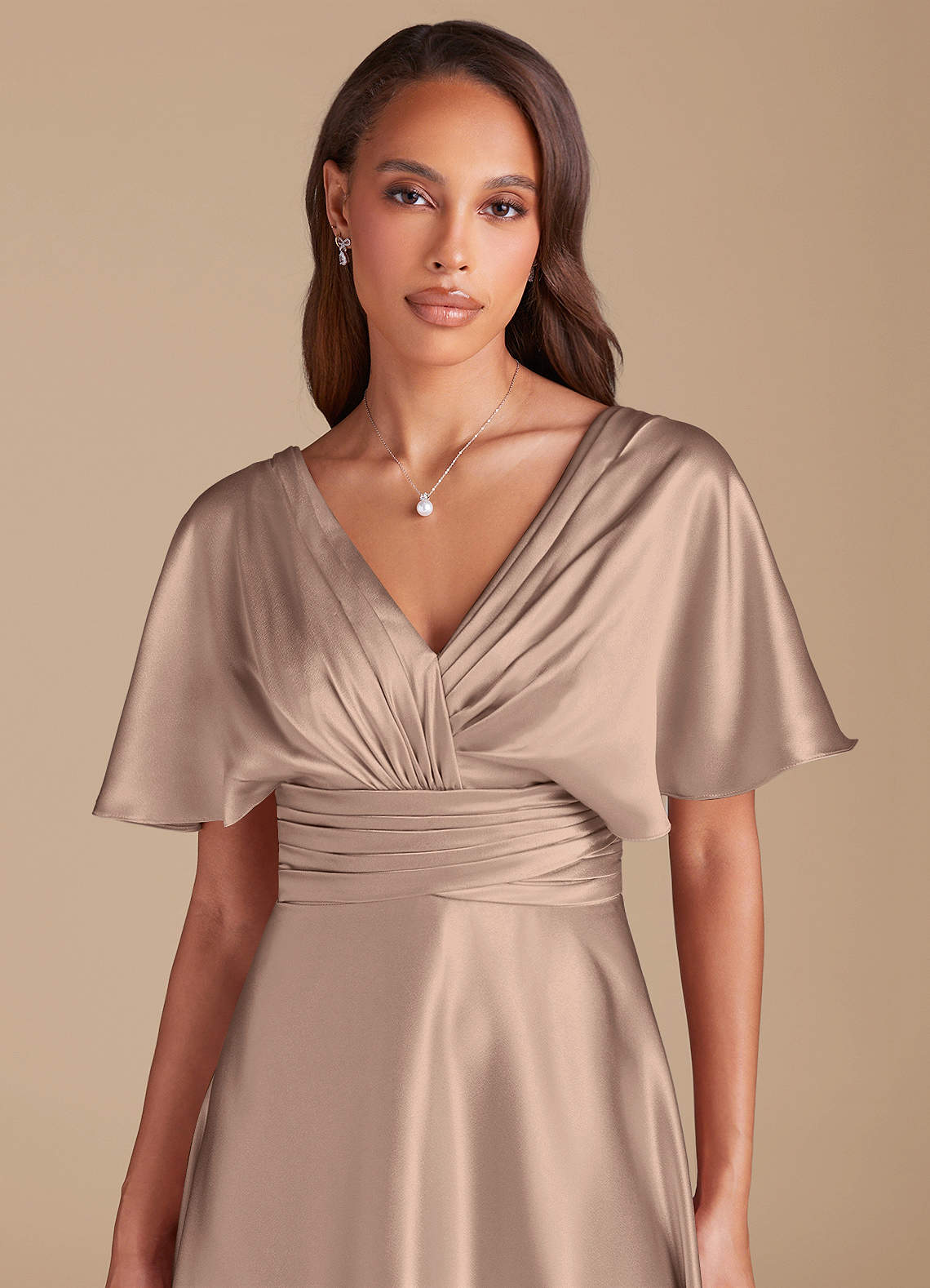 Azazie Pamela Bridesmaid Dresses Taupe A-Line Pleated Metallic Satin Dress image1