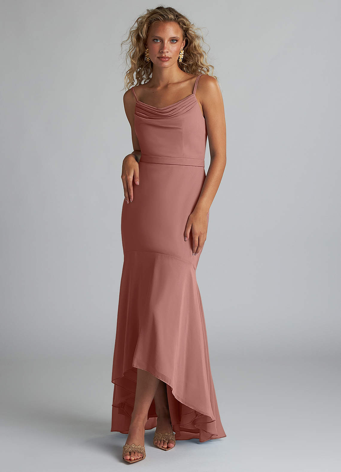 Azazie Summer Bridesmaid Dresses Cedar Rose Mermaid Scoop Cowl Chiffon Dress image1